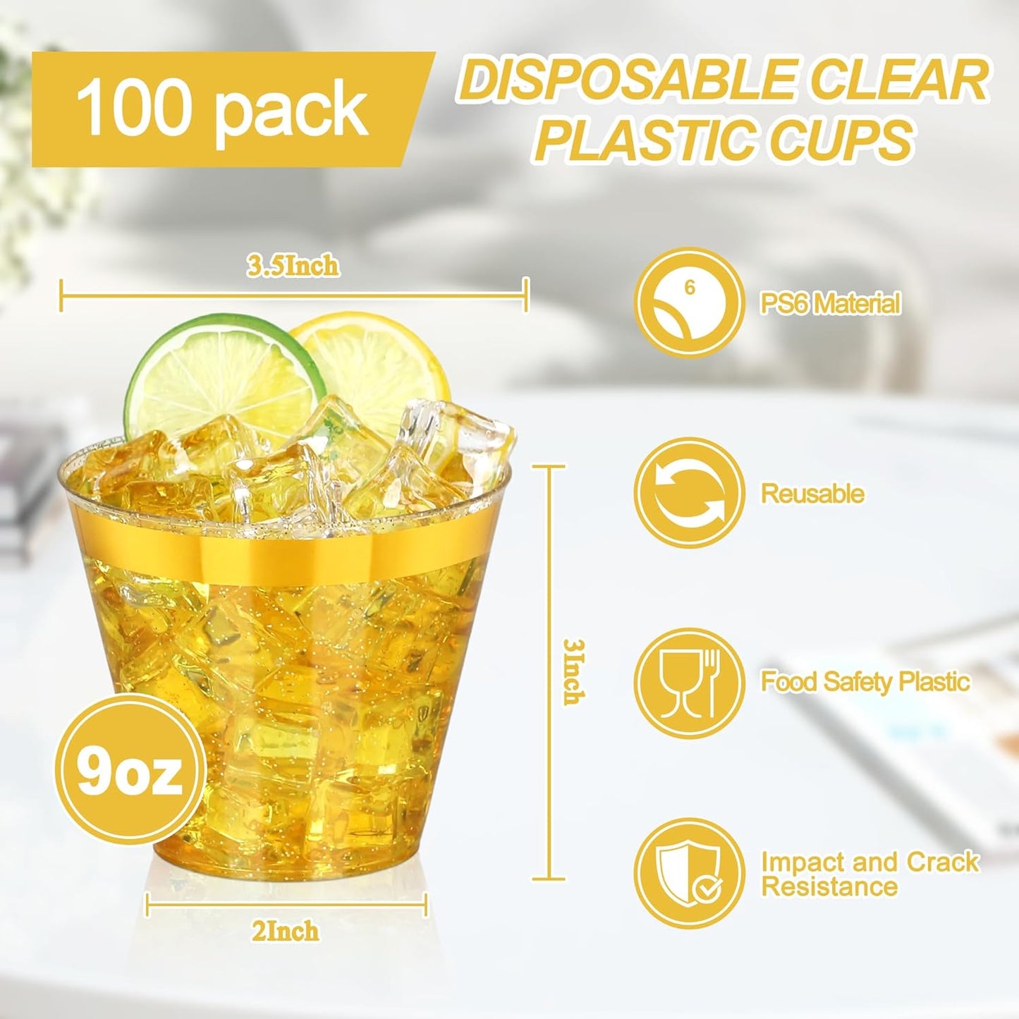 100 Pcs 9oz Glitter Gold Plastic Cups,9Oz Gold Rimmed Plastic Cups With Glitter Golden,Heavy Duty Clear Disposable Plasitc Cocktail Tumblers Wine Cup for Party,Wedding,Birthday,Christmas
