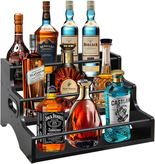 AT-VALY 3-Tier Countertop Wine Rack, Iron&MDF Kitchen Storage Shelf, Space-Saving Countertop Organizer for Spices, Herbs, Seasonings, Sturdy Stylish Condiment Holder(Black Grain)