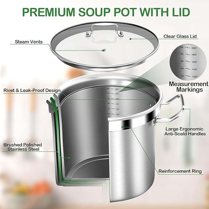 Stainless Steel 20 Quart Stockpot with Tempered Glass Lid, 3-Ply Base, 8.8 lbs, Polished Finish, Suitable for Stovetop and Oven