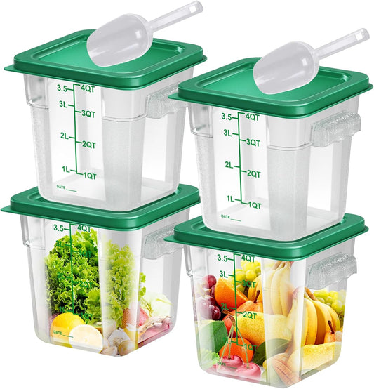 4 pcs 4qt Food Storage Containers with Lid, Square Clear Commercial Food Storage Containers with Handle and Scale for Food Storage in Home Kitchen & Dining (Green)