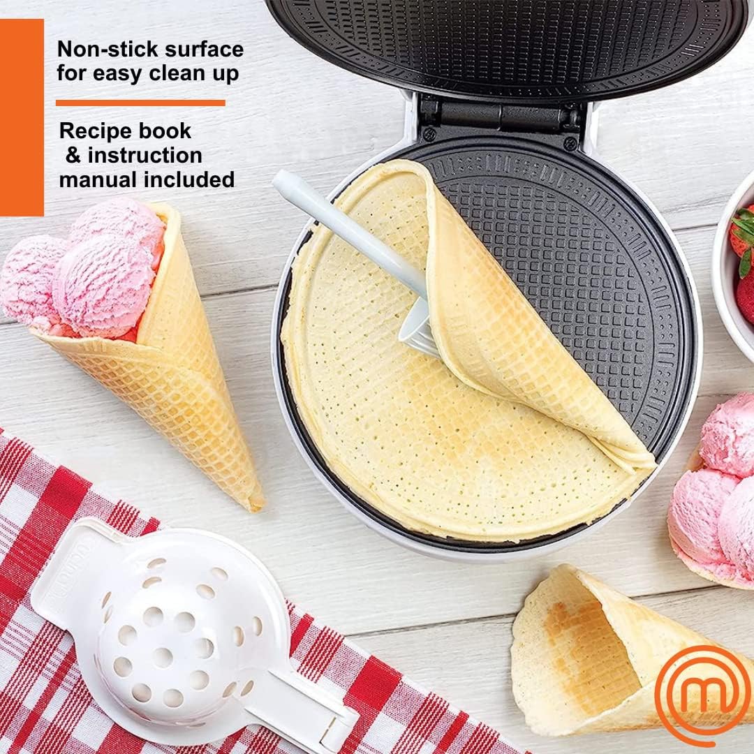 MasterChef Waffle Cone and Bowl Maker- Includes Shaper Roller & Bowl Press- Homemade Ice Cream Cone Treat Baking, Cookie Iron Machine, Portable Electric Kitchen Appliance for DIY Sundae Parties, Gift