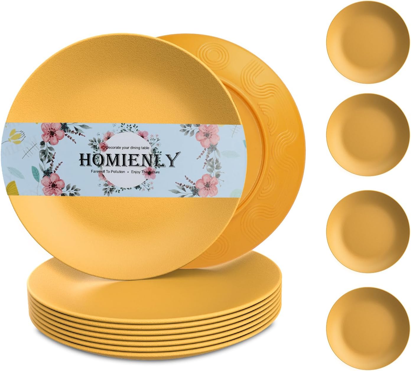 Homienly Flat Dinner Plates Set - 8 Microwave & Dishwasher Safe Wheat Straw Plates, Unbreakable, 9 inch Yellow
