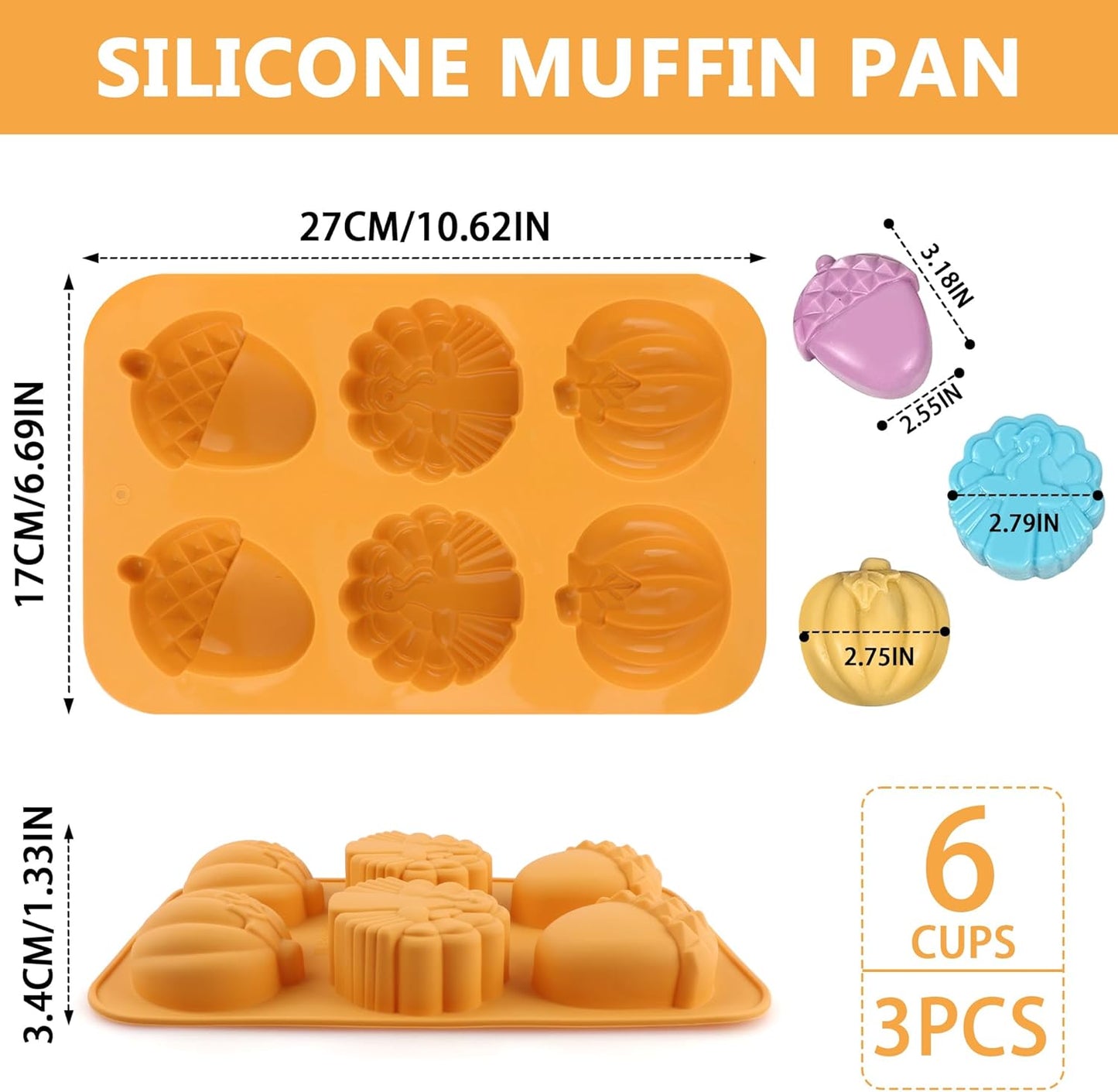 3-Pack 6-Cup Silicone Muffin Pans, Nonstick Cupcake Baking Molds, Muffin Cupcake Pans Molds for Baking, BPA/PFA-Free, Dishwasher & Oven Safe - Orange