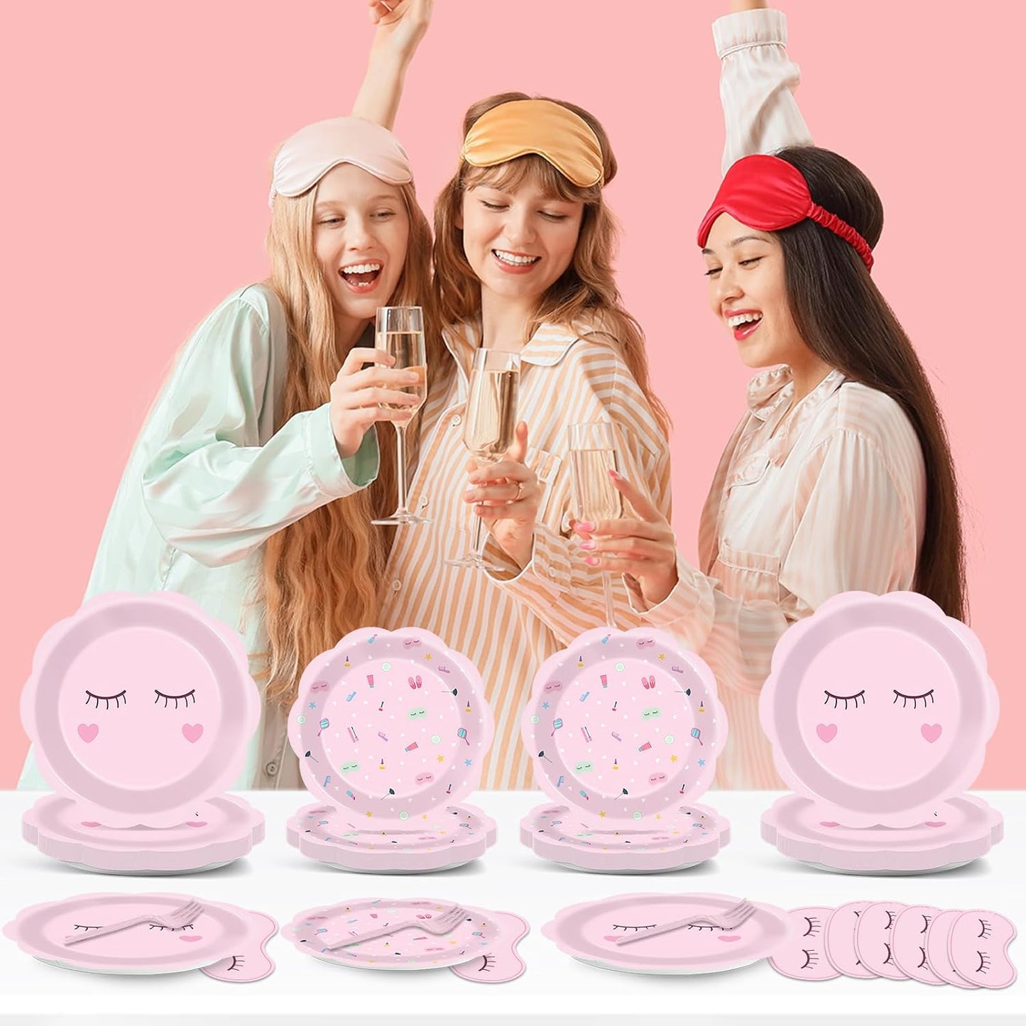 96Pcs Spa Party Decorations Spa Paper Plates Napkins Pink Sleepover Tableware Dinnerware Set Slumber Spa Party Supplies Dinner Dessert Plates for Girls Makeup Birthday Pajama Party Favors Table Decor