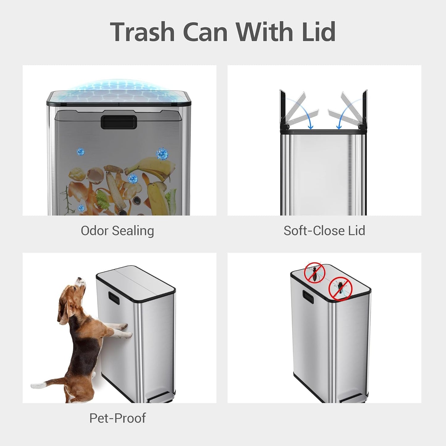 Garvee Kitchen Dual Trash Can, 15 gal Large Recycling Bin Garbage Can with Butterfly Lid, Fingerprint Resistant Stainless Steel Trash Bin for Kitchen, Living Room, Office (2 x 28 L)