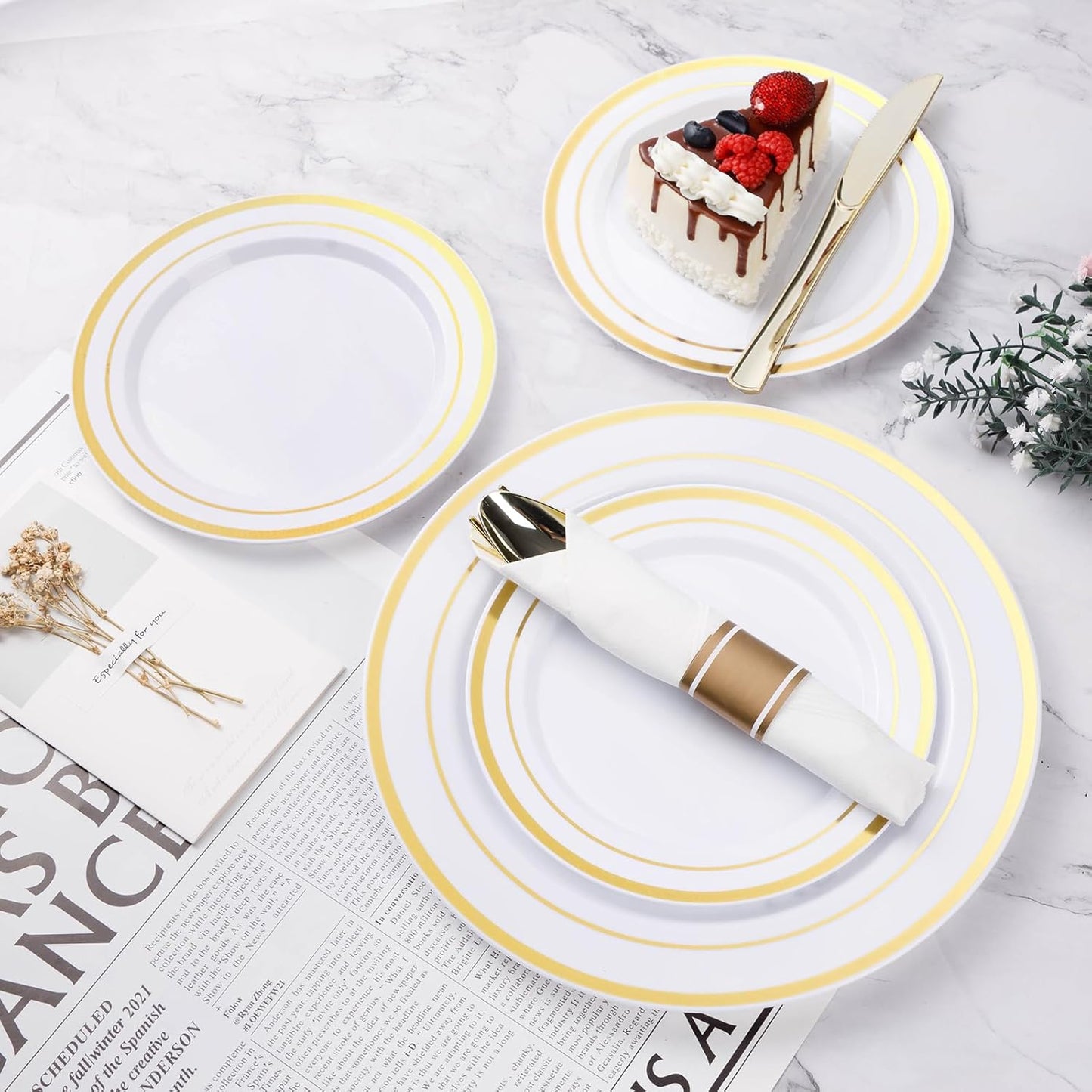 BESTVIP 175PCS Gold Plastic Dinnerware Set, Disposable Party Plates for 25 Guests, Include: 50 Plastic Plates, 25 Pre Rolled Napkins with Gold Silverware, 25 Cups for Christmas, Halloween