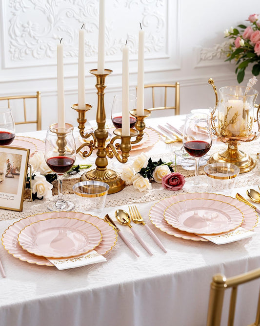 Ciaell 175 PCS Pink Scalloped Plastic Plates with Gold Trim - Pink Plastic Silverware with Handle - Fancy High-End Dinnerware Sets for Wedding & Showers & Party & Anniversary (25 Guests)