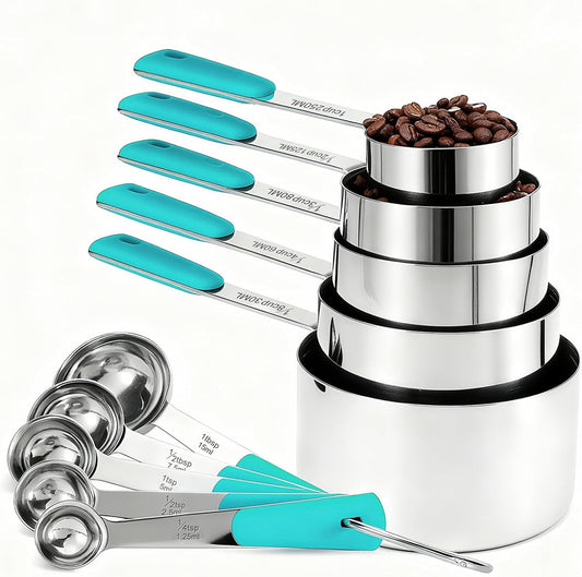 Measuring Cups and Spoons Set, Stainless Steel 10 Piece for Cooking and Baking (5 Cups + 5 Spoons, Aqua Sky Handle)