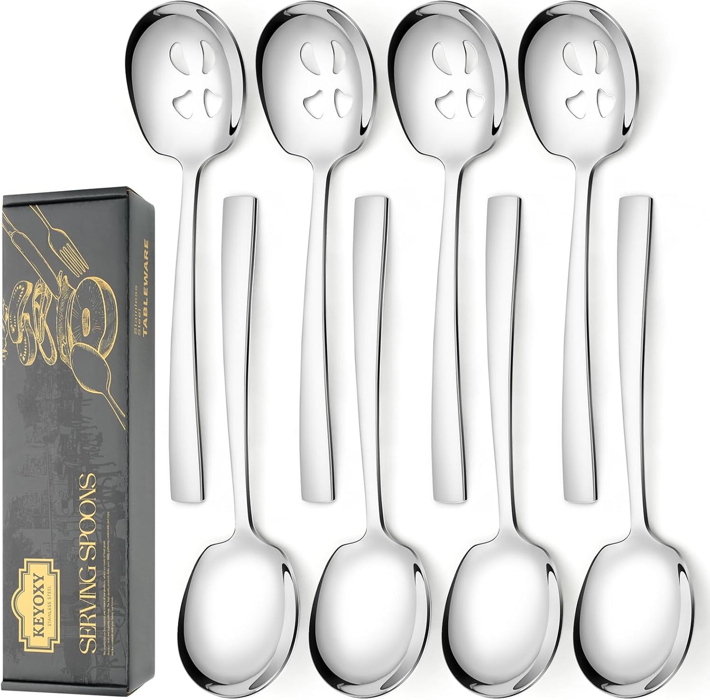 8 Piece Stainless Steel Serving Spoons Set - 4 Large, 4 Slotted, 9.2-Inch, Dishwasher Safe, for Parties/Kitchen/Buffet/Catering