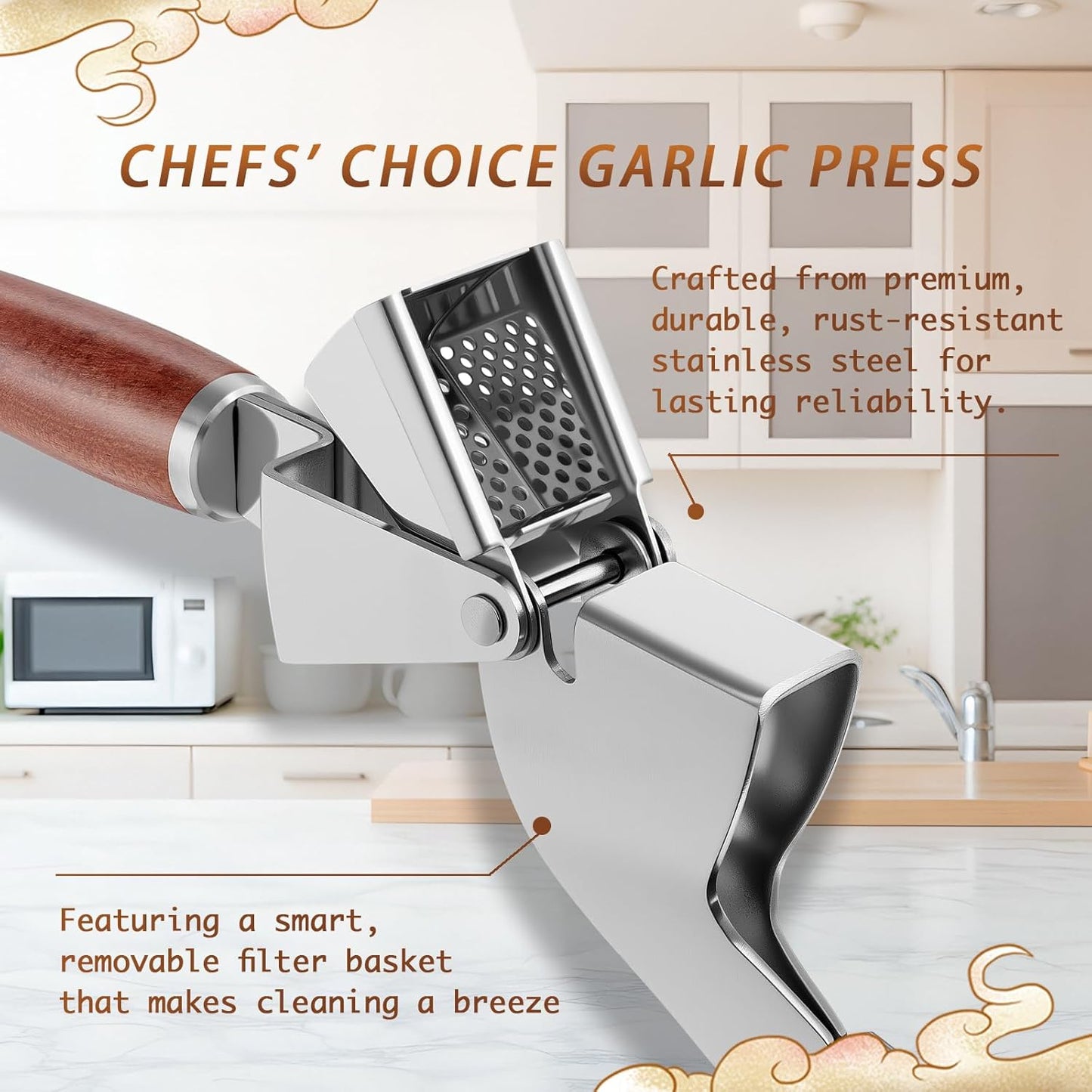 KULUNER Professional Garlic Press,Durable Garlic Clove Peeler Set That Requires No Peeling Garlic Mincer Presses Fine Garlic Paste,Upgraded Solid Wood Handle for a Comfortable Grip
