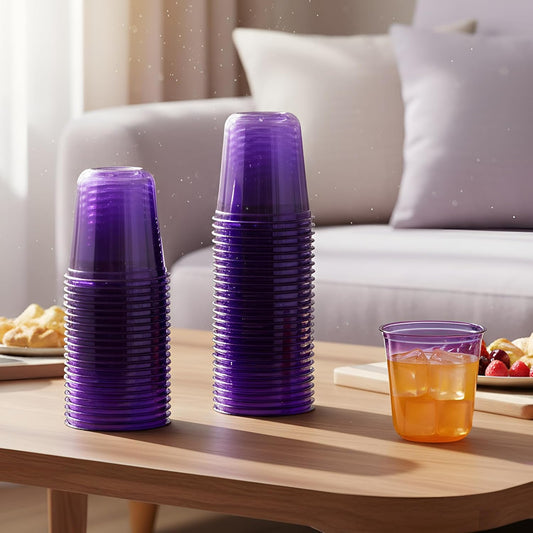 Disposable Stemless Glasses 12oz Crystal Plastic Wine Glasses Clear Classic Pet Cup for Meeting Weddings Birthdays Cocktail Christmas Party Supplies (Purple,50 Pcs)