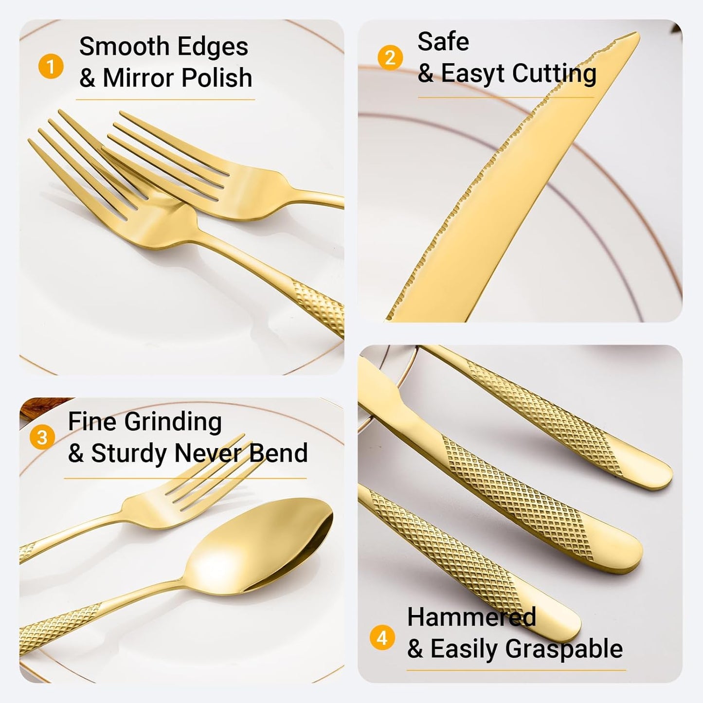 24-Piece Golden Hammered Silverware Set, Food-Grade Stainless Steel Flatware Service for 6, Modern Cutlery Utensil Set with Forks Knives Spoons, Mirror Polished, Dishwasher Safe for Kitchen Dining