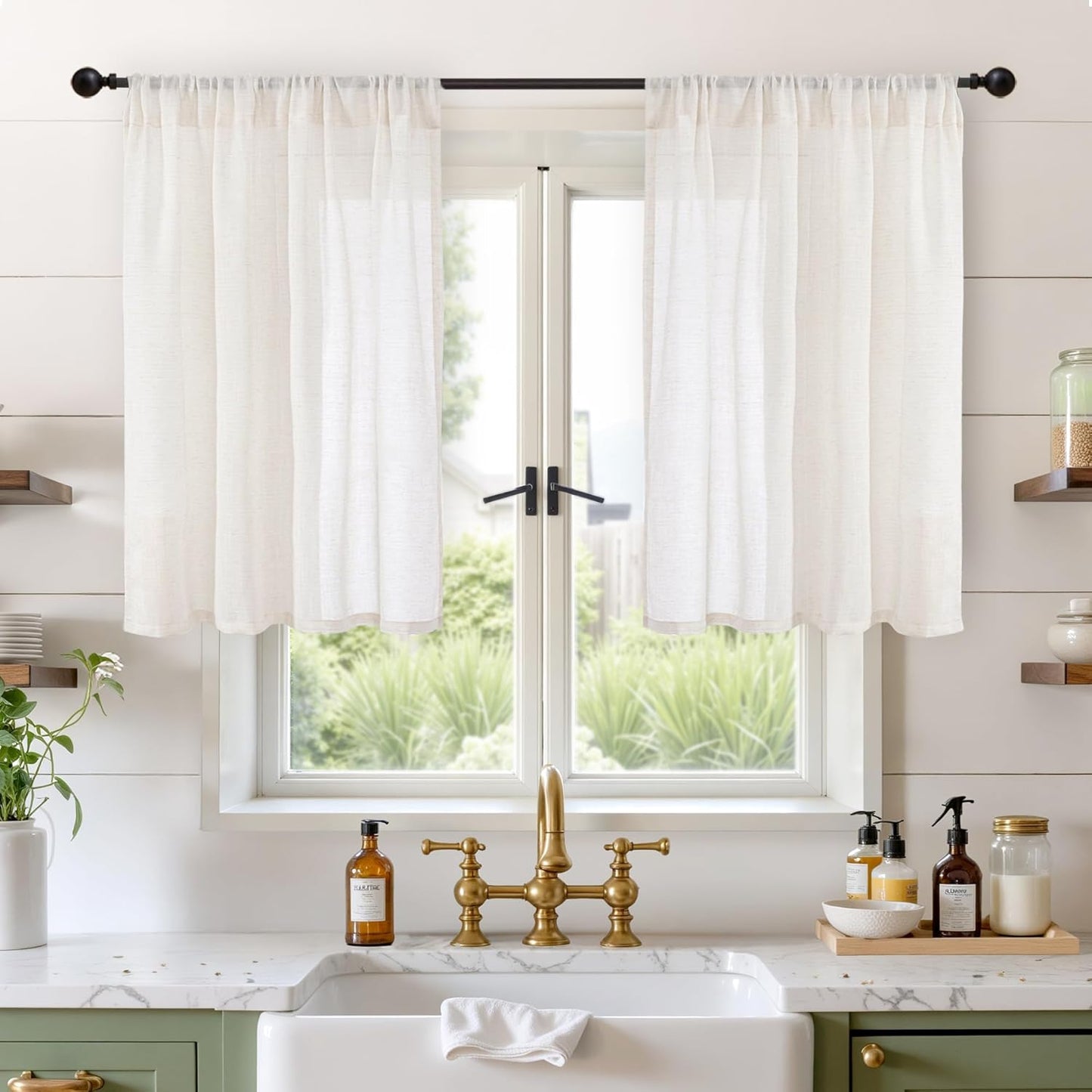 BGment Ivory Linen Cafe Curtains 36 Inch Length for Over Sink - Short Light Filtering Drapes with Rod Pocket Semi Sheer Lightweight for Bathroom Kitchen Window, 2 Panels Set, 42 X 36 Inch