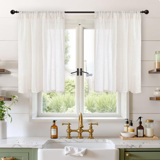 BGment Ivory Linen Cafe Curtains 36 Inch Length for Over Sink - Short Light Filtering Drapes with Rod Pocket Semi Sheer Lightweight for Bathroom Kitchen Window, 2 Panels Set, 42 X 36 Inch