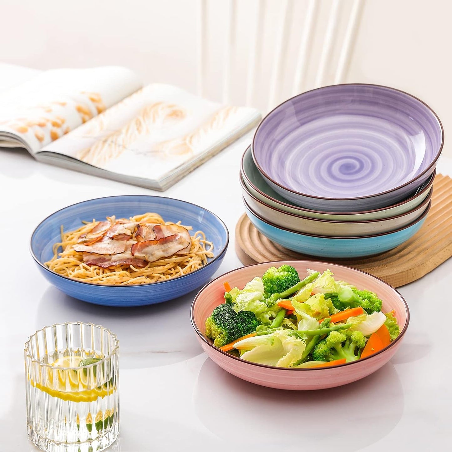 KitchenTour Ceramic Pasta Bowls - Large Salad Bowls Porcelain Serving Bowl Set 26 Ounce - 8 Inch Soup Bowl - Dishwasher and Microwave Safe - Set of 6, Assorted Warm Colors