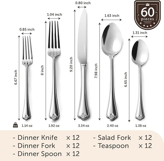 KINGSTONE Silverware Set, 60-piece 18/10 Stainless Steel Flatware Set Cutlery Set for 12, for Kitchen, Home, Wedding, Party, Mirror Polished and Dishwasher Safe, Featured Gifts