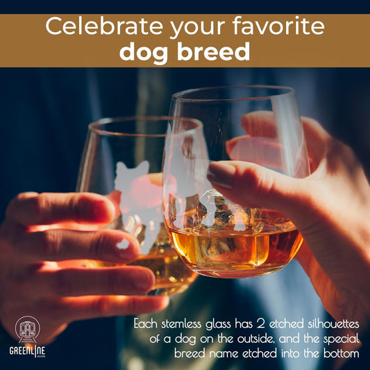 Greenline Goods French Bulldog Stemless Wine Glasses (Set of 2) - Unique for Dog Lovers - Etched 2-Sided Frenchie Silhouette with Breed Name on the Bottom