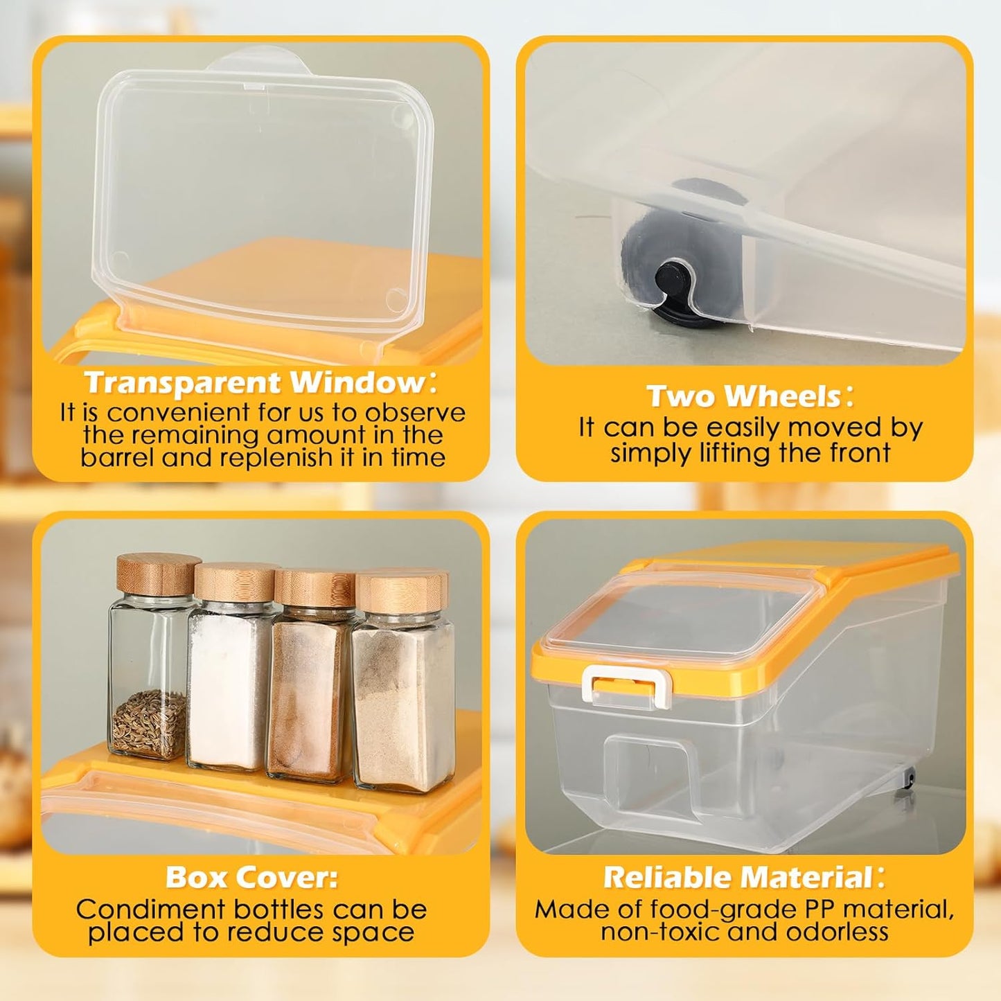 Sunnyray 4 Pcs Rice Storage Container 22 lb Airtight Flour Container with Wheels Measuring Cup Clear Pet Dog Cat Birds Food Bin Grain Cereal Organizer Box for Dry Baking Supplies(Yellow Lid)