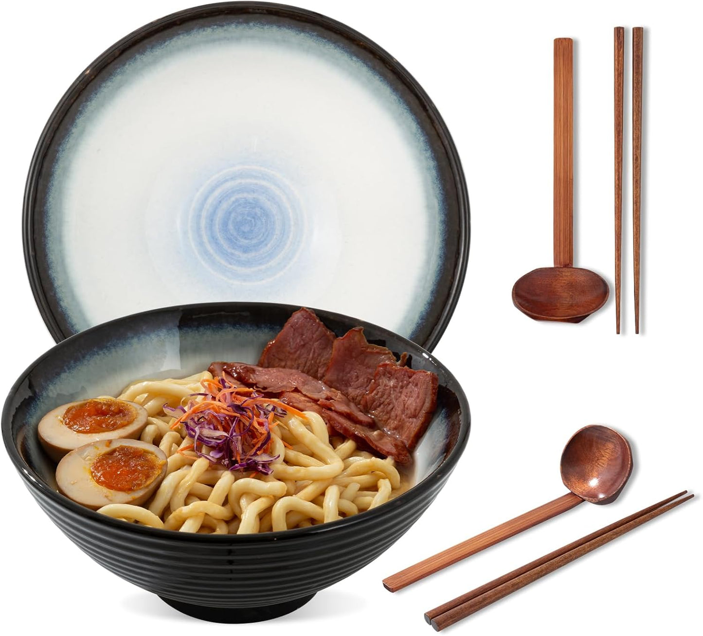 8 Inch Ceramic Ramen Bowl Set of 2, 40oz Japanese Bowls with Spoons & Chopsticks,Durable,Microwave & Dishwasher Safe,Perfect for Ramen,Pho,Salad,Soup,Noodles，Mixing bowls（Midnight）