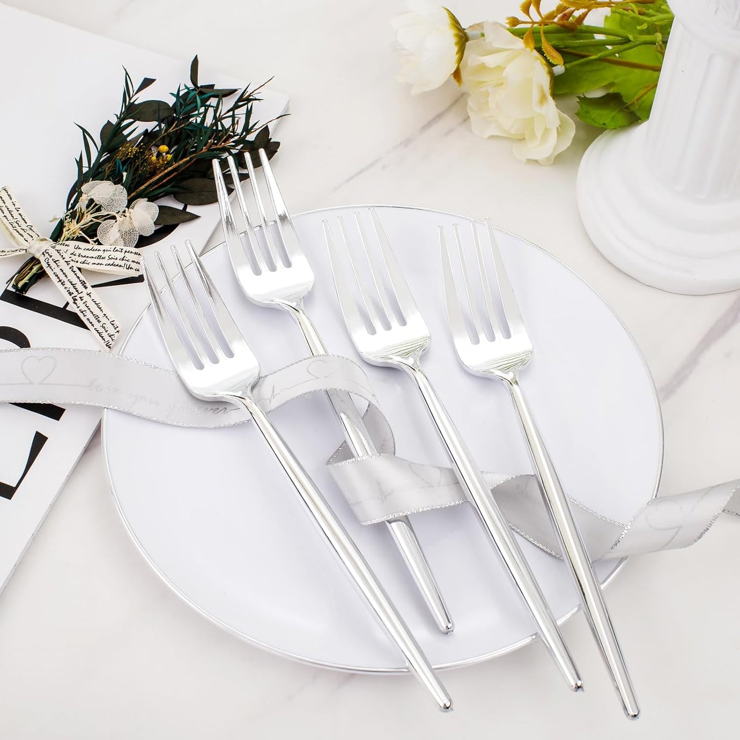 Rubtlamp 100Pcs Silver Plastic Dessert Plates 7.5inch,100Pcs Disposable Silver Forks,White Plastic Plates With Silver Rim, Small Plastic Plates,Dessert Plates With Forks for Appetizer Cake