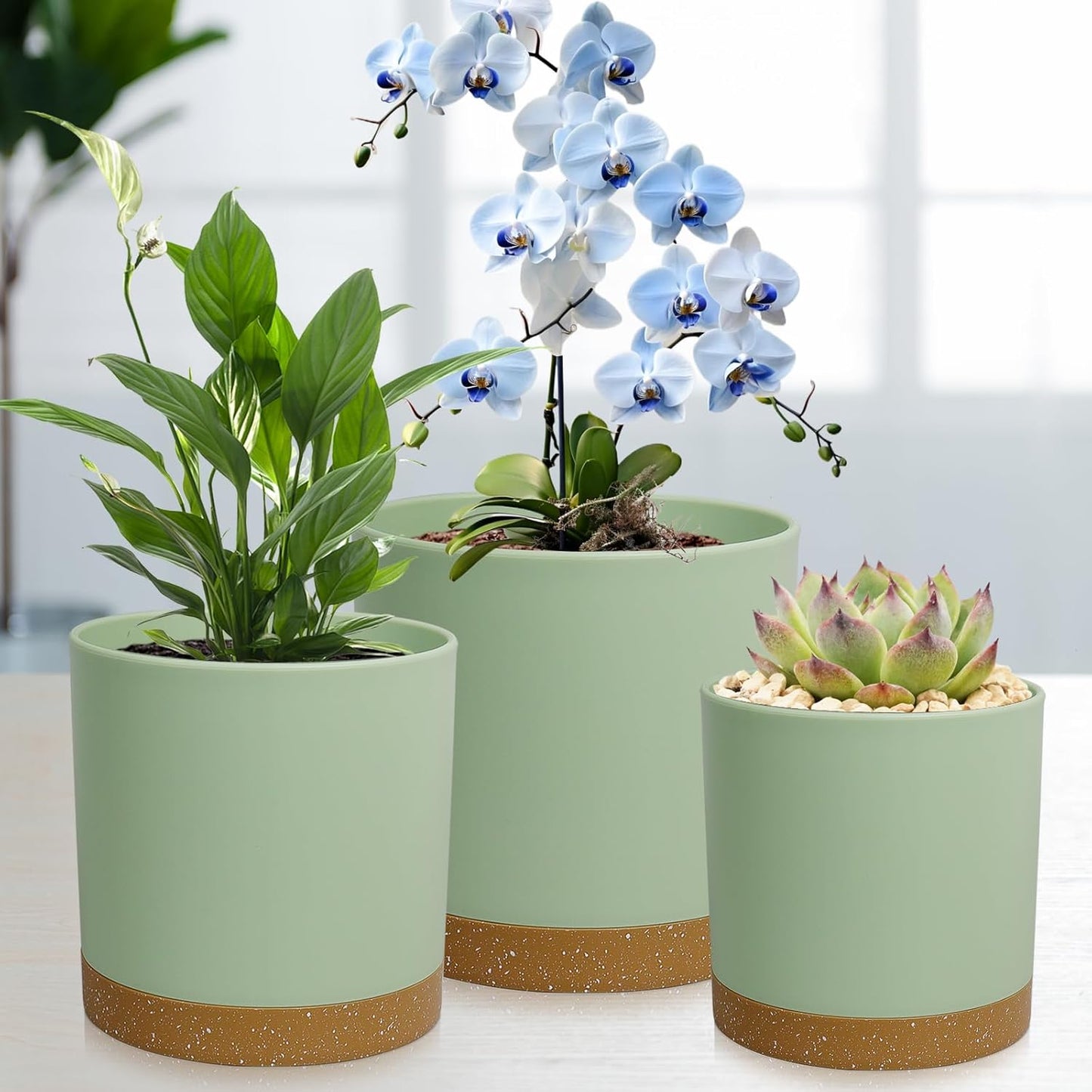 5 Pack Cylindrical Flower Pots with 7/6.5/6/5/4 inch, Modern Small Plastic Plant Pots with Drainage Holes & Saucers, Round Planter Pots for Outdoor, Indoor & Office Decor (Green Brown)
