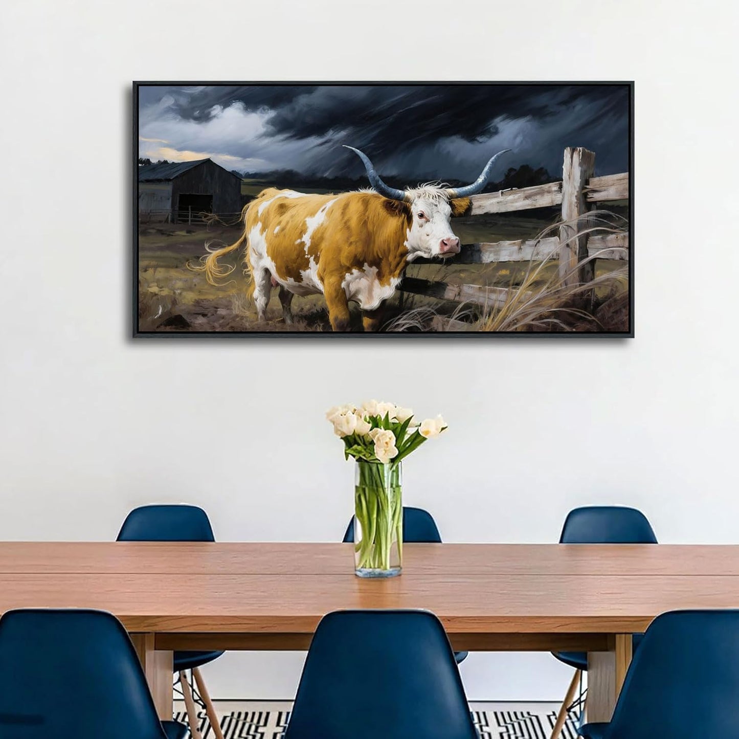 Highland Cow Wall Art - Rustic Pictures for Living Room,Framed Country Wall Decor, Vintage Artwork for Walls, Longhorn Cow wall Decor - Large Farmhouse Canvas for Bedroom 20×40IN
