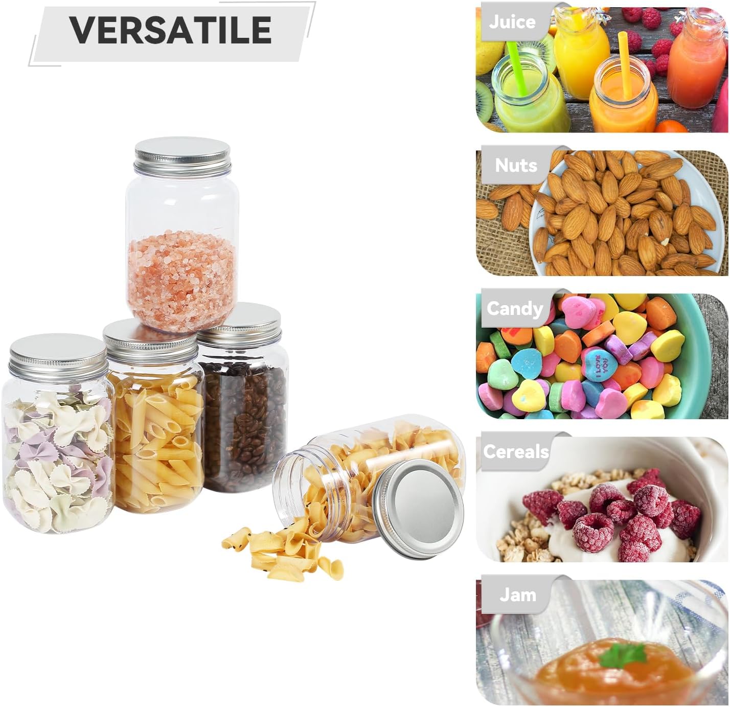 novelinks 16 oz Clear Plastic Jars with Screw-On Lids - BPA-Free Refillable Storage Containers for Slime, Food, Crafts, Kitchen & Household Use (5 Pack,Silver)