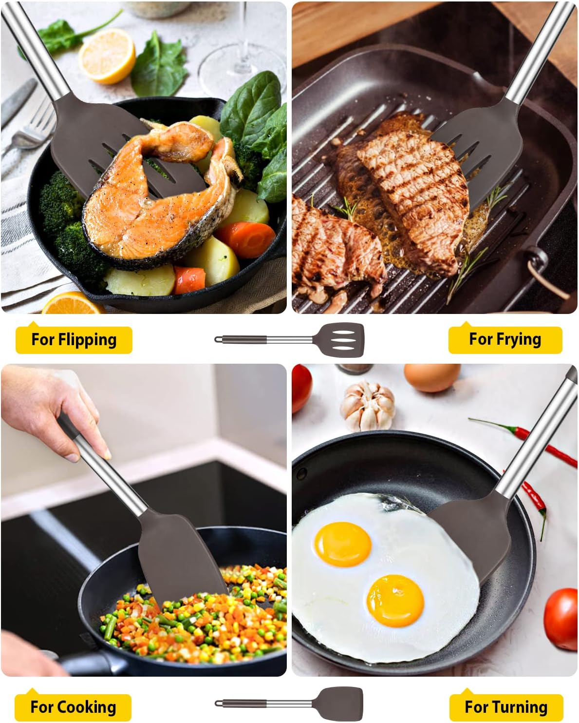 Pack of 2 Silicone Solid Turner, Non Stick Slotted Kitchen Spatulas, High Heat Resistant BPA Free Cooking Utensils, Ideal Cookware for Fish, Eggs, Pancakes(Chocolate)