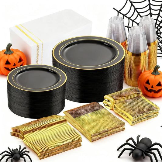 GATHER 350PCS Black Plastic Plates - Disposable Dinnerware Set Include 100PCS Black and Gold Plastic Plates, 150 Silverware, 50 Napkins, 50 Cups for Halloween Party