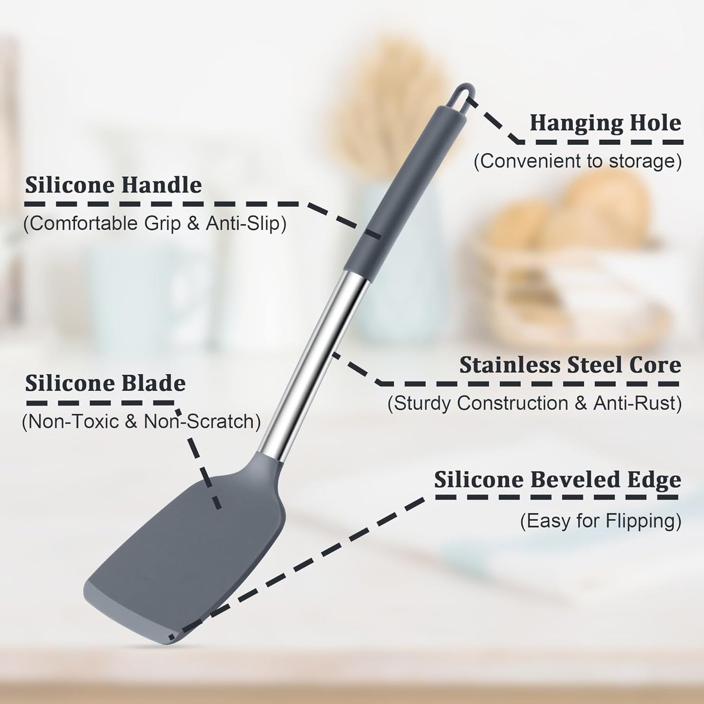 TeamFar Silicone Cooking Utensils Set, 5 PCS Heat-Proof Kitchen Utensils with Stainless Steel Handle, Turner/Spoon/Pasta Server for Nonstick Cookware Frying Flipping Draining, Light Grey