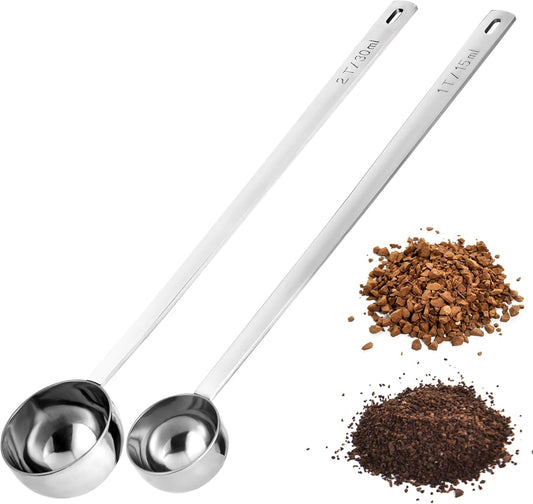 18/8 Stainless Steel Coffee Scoops, Doosu Food-Grade Metal Measuring Spoons with 8.5in Long Handle, Tablespoon Scooper for Coffee Beans, Ground Coffee, Espresso, Protein Powders, Tea (1 & 2 Tbsp)