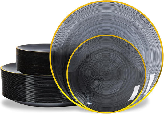 100PCS Black Plastic Plates-Crystal Design Black Disposable Plates with Gold Rim, Fancy Disposable Plates Include 50 Dinner Plates, 50 Dessert/Salad Plates for Party & Halloween