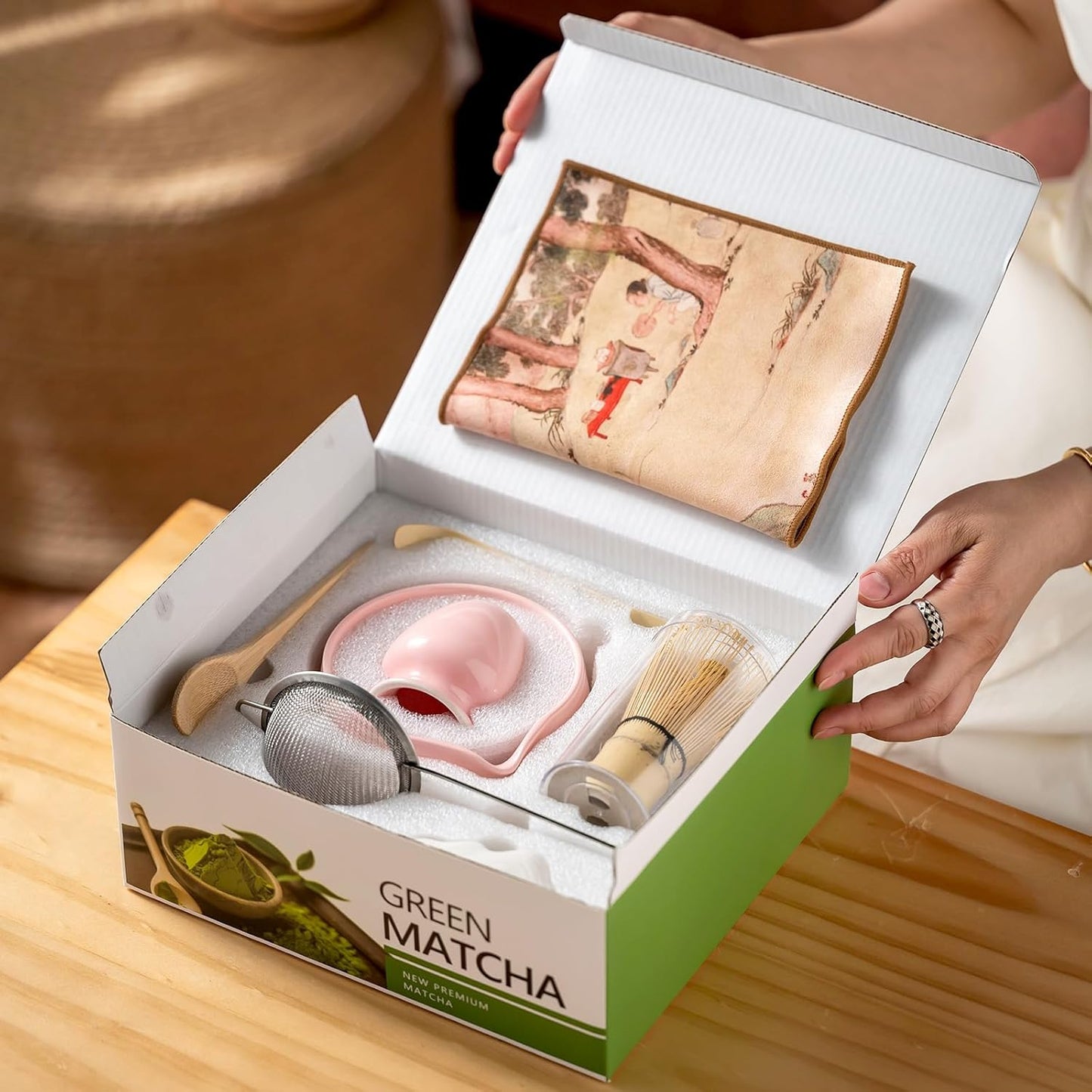 Matcha Whisk Set,Includes Ceramic Matcha Bowl, Bamboo Matcha Whisk and Holder, Bamboo Scoop and Spoon, Scoop Rest, Sifter and Tea Towel,Traditional Japanese Matcha Tea Ceremony Set Gift(pink)