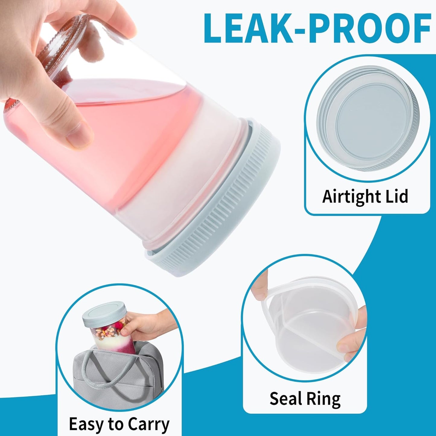 16 oz Overnight Oats Containers with Airtight Lids - 2-Pack Leak-Proof Wide Mouth Mason Jars & Divided Cups for Dried and Wet Foods, Glass Jars for Chia Pudding, Salad, Snacks, and Yogurt