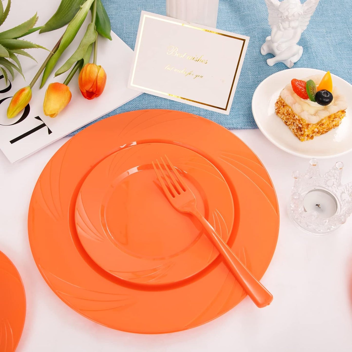 YOUBET 125Pieces Orange Plastic Plates - Orange Plate Disposable Include 50 Dinner & Dessert Plates 25 Forks 25 Knives 25 Spoons Perfect for Parties & Thanksgiving