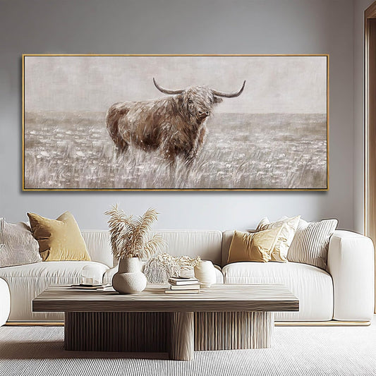 MLART99 Rustic Highland Cow Canvas Vintage Animal Print Brown Ox Wall Art Extra large Artwork- 32x70 Inch Decorative Piece for Country Style Home Decor for Living Room Entryway