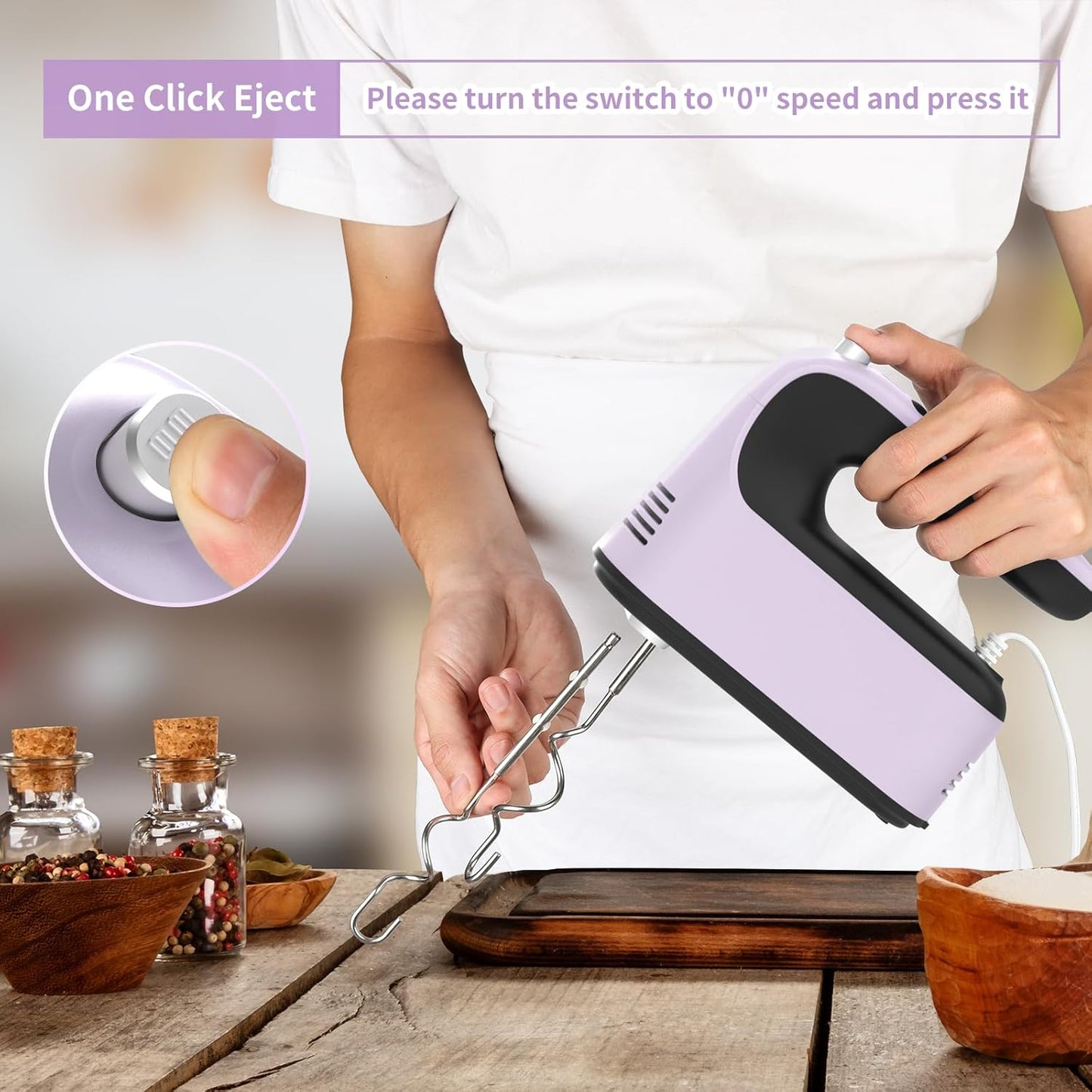 9-Speed Digital Hand Mixer Electric, 400W Powerful DC Motor, Baking Mixer Handheld with Snap-On Storage Case, 5 Stainless Steel Accessories, Flat Beaters, Dough Hooks, Whisk (Purple&Black)