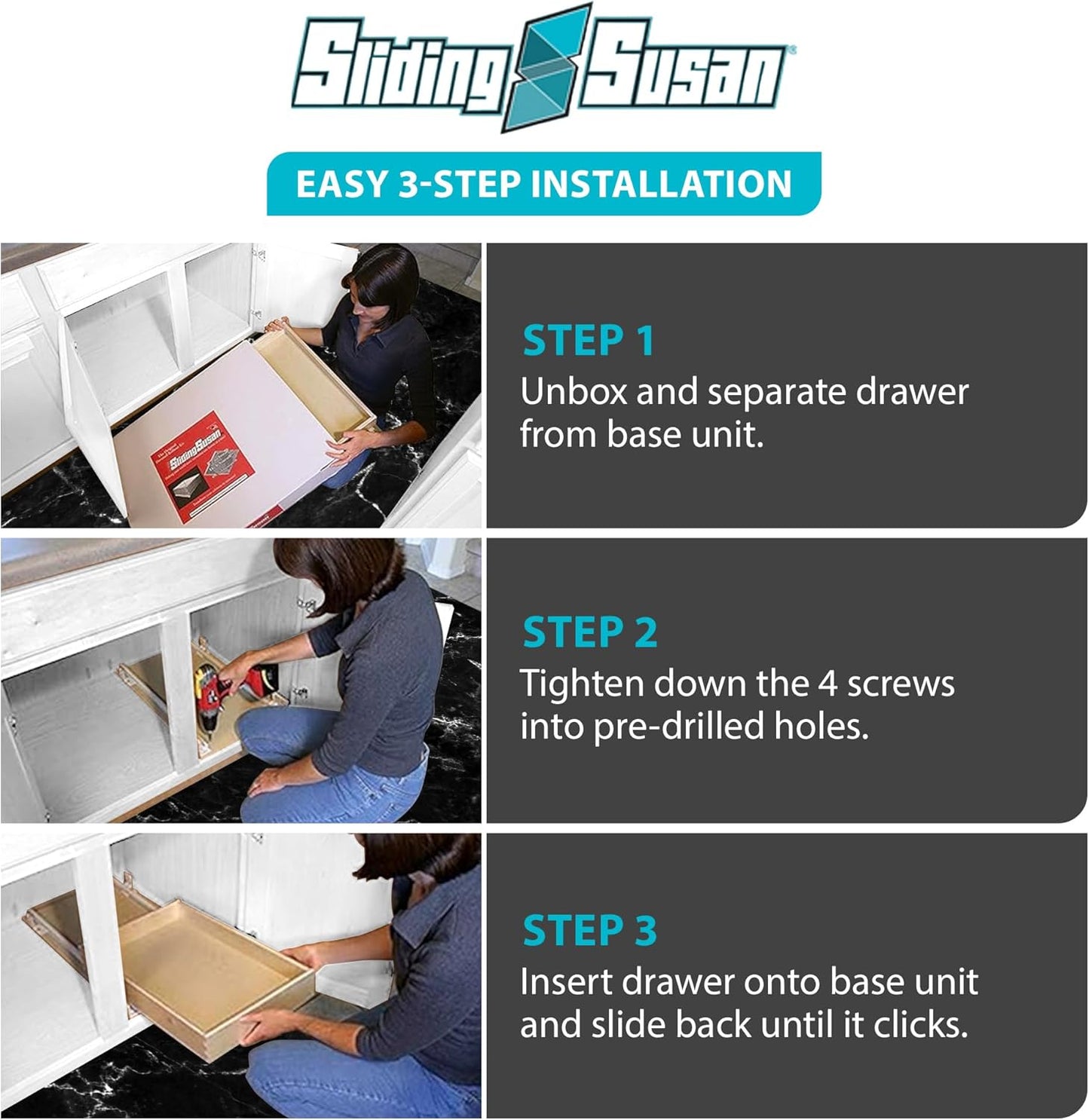 SlidingSusan Pull Out Drawer Organizer for Cabinets, Gliding Soft Close Shelves for Kitchen, Pantry, Bathroom, & Storage Organization, Hard Rock with MDF Core, 20 Inch Wide x 18 Inch Deep