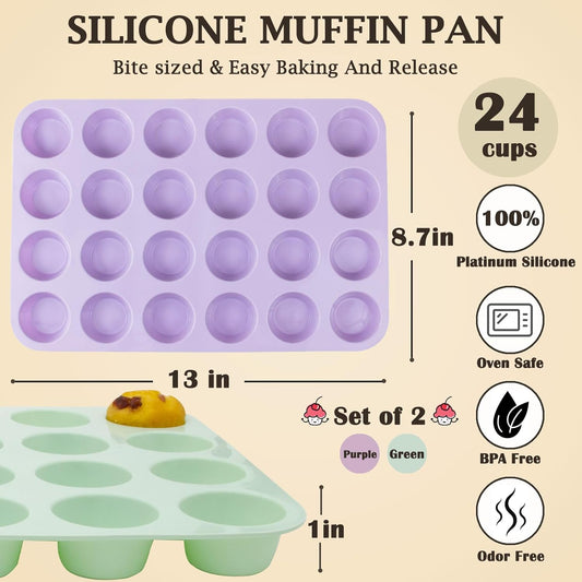 24 Cups Silicone Mini Muffin Pan Set, Nonstick Mini Cupcake Pans, BPA Free Small Muffin Tin for Baking, Set of 2 (Green+Purple)