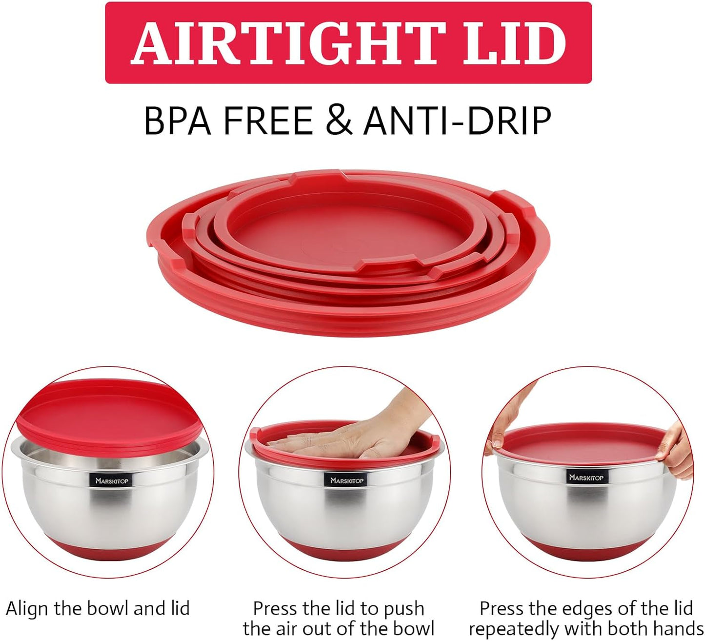 MARSKITOP Stainless Steel Mixing Bowls with Lids Set, Nesting Mixing Bowls with Airtight Lids, Measurement Marks and Red Non-Slip Bottoms, Great for Mixing and Serving, Size 5, 3, 2, 1.5QT