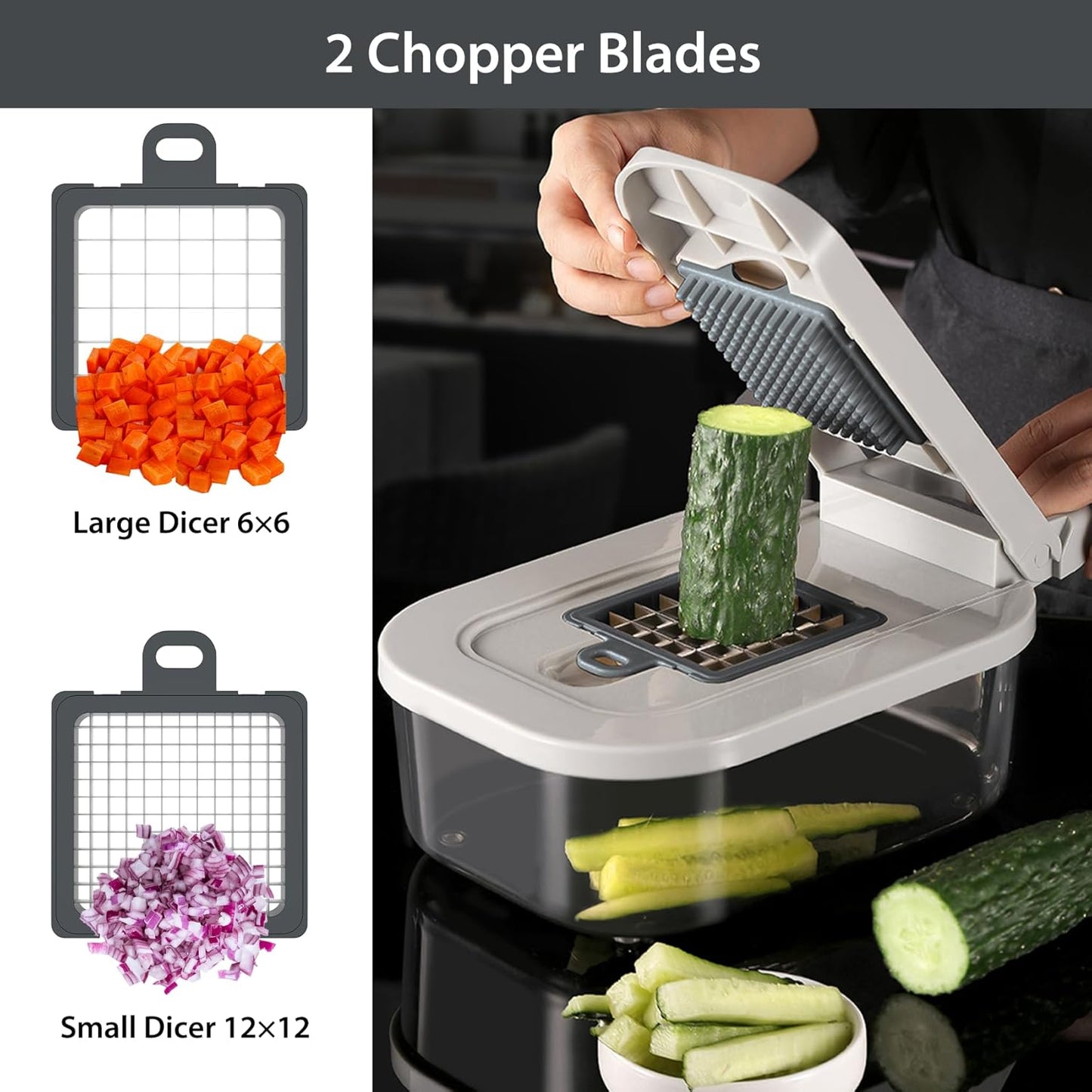 11-in-1 Mandoline Slicer for Kitchen, Food Chopper with Container, Vegetable Dicer Onion Slicer, Veggie Cutter for Fruit Salad Kitchen Gadgets Essential Tools (Grey)