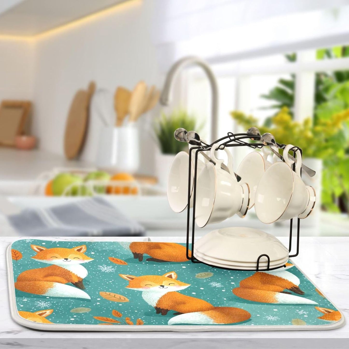 Cute Foxes Snow Pattern Dish Drying Mat for Kitchen Counter Super Absorbent Dishes Pad Reversible Microfiber Protector Dish Draining Mats 18x24 inch
