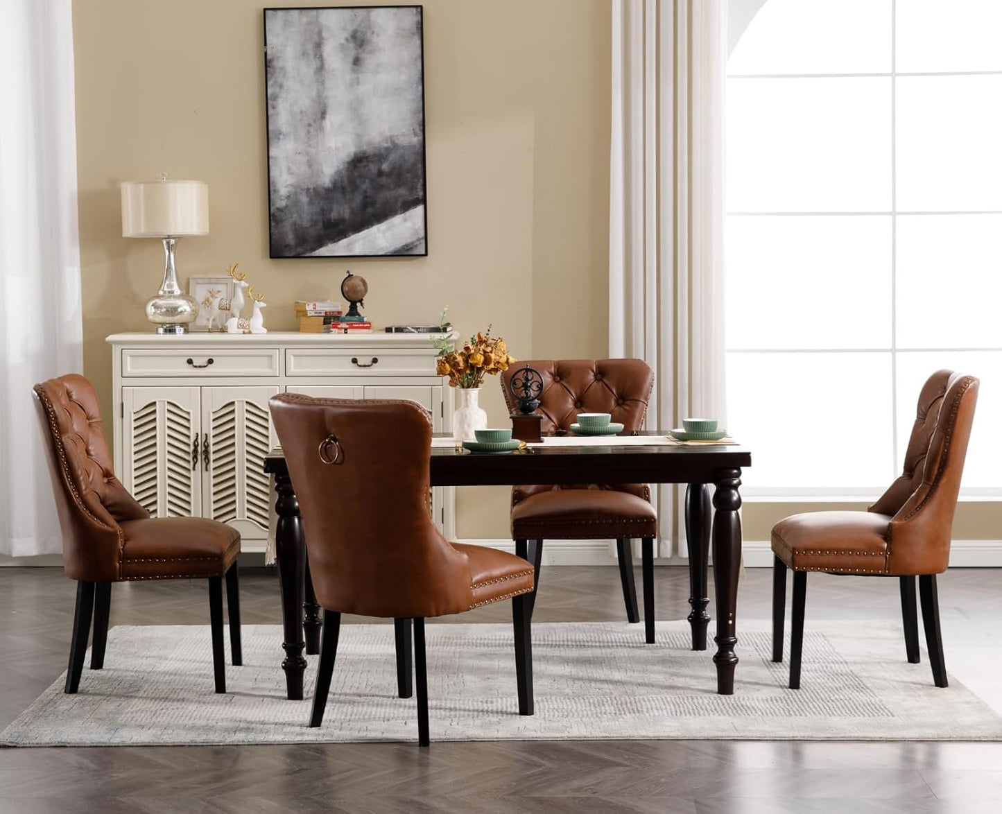 Brown Leather Dining Chairs Set of 4 Mid Century Modern Tufted Chairs Armless Rubber Wood Vintage Furniture Chairs Upholstered Nailhead PU Side Chair with Pull Ring for Kitchen/Cafe Decor