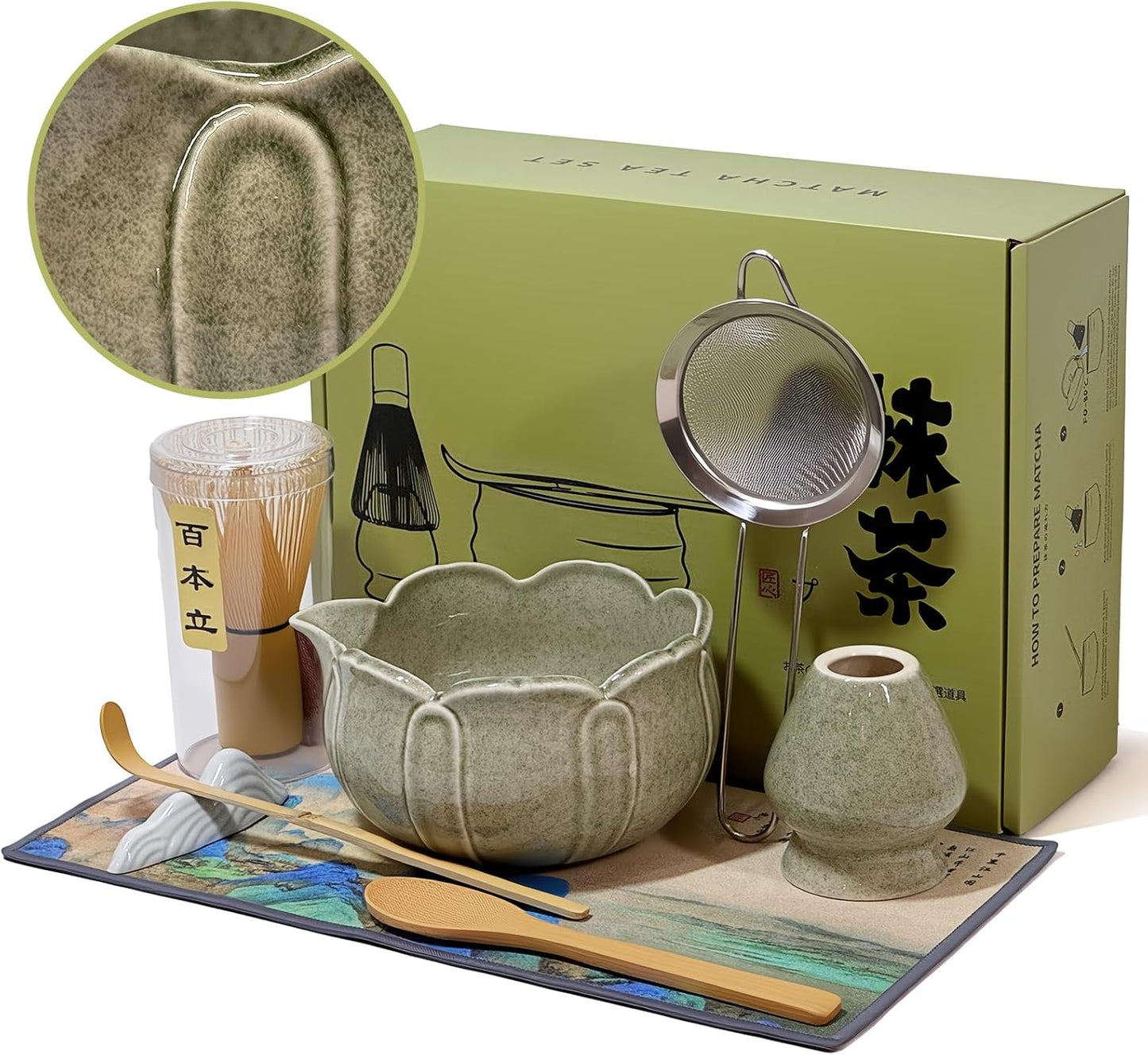 Matcha Whisk Set with Ceramic Bowl - Bamboo Whisk (Chasen), Scoop, Sifter & Holder - Complete Kit for Traditional Matcha Tea - Unique Gifts for Tea Lovers (Celadon Lotusl)