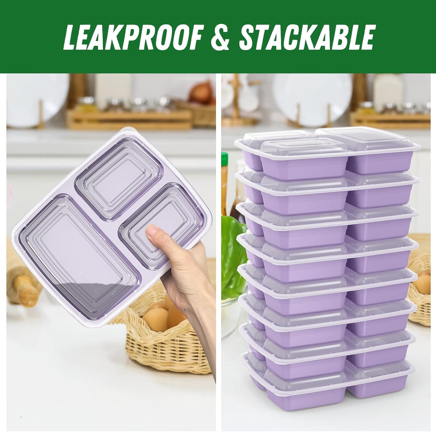 50 Pack (100-Piece) 32 oz Meal Prep Containers Reusable with Lids 3-Compartment, To Go Take Out Plastic Food Storage Containers, Sturdy Leakproof Food Safe, Microwave Freezer Dishwasher Safe, Lilac