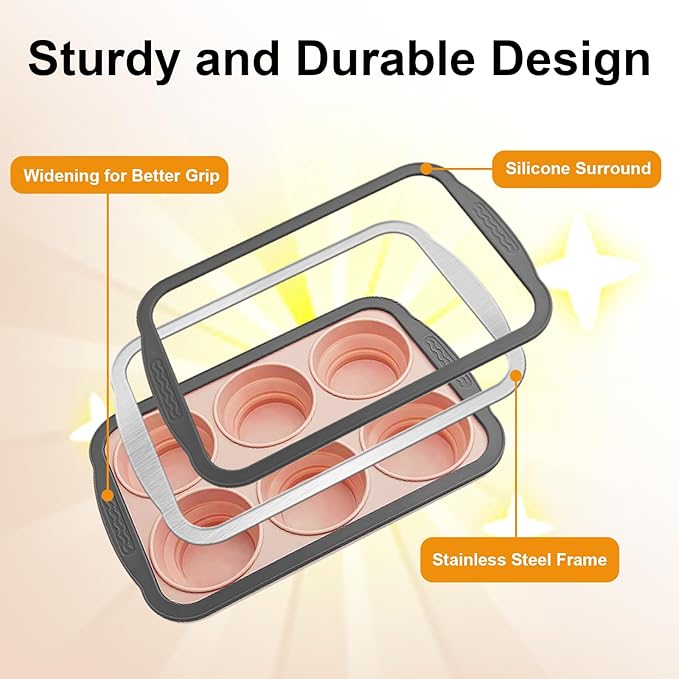 Silicone Muffin Pans for Baking with Metal Frame, 6 Cup Silicone Muffin Pan, Nonstick Cupcake Pan, BPA Free Muffin Tins Easy to Pop Cupcake Baking Pan Molds for Oven Dishwasher Safe Pink