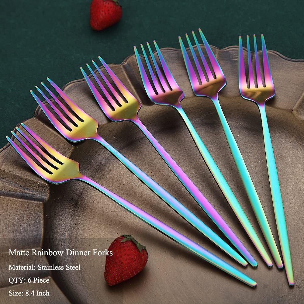 Matt Rainbow 6 Piece Stainless Steel 8.4'' Dinner Forks - Silverware Set, Dessert, Table, Salad Forks - Dishwasher Safe