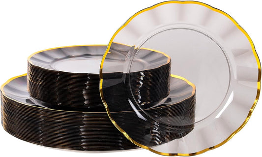 supernal 60Pcs Black and Gold Plastic Plates Heavy Duty Black Disposable Plates With Gold Rim,Clear Black Gold Plastic Dinnerware Set For 30 Guests Perfect for Party,Birthday,Anniversary,Halloween
