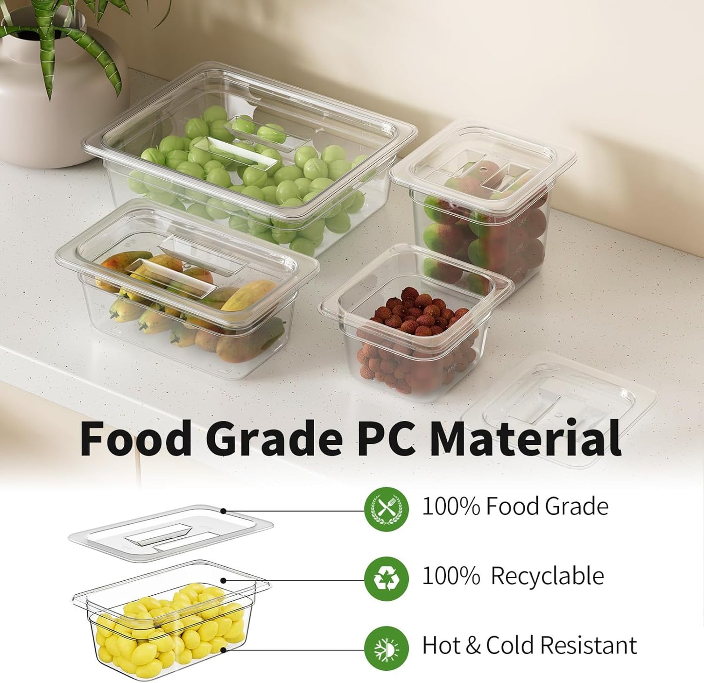 1/4 4'' 6 Pack Plastic Food Pans With Lids, Clear Food Pan, Commercial Stackable Polycarbonate Freezer-Safe for Fruits Vegetables Restaurant Kitchen