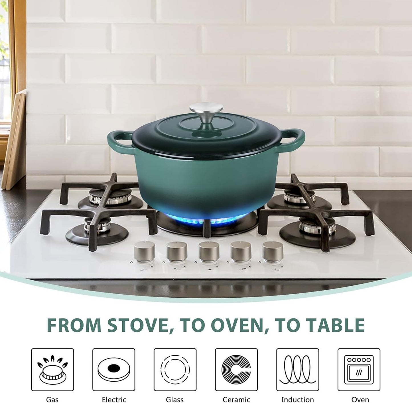 E-far 3 Qt Enameled Cast Iron Dutch Oven with Lid, Small Round Nonstick Dutch Oven Pot for Bread Baking Braising Stews Roasting Cooking, Heavy Duty, Induction & Oven Safe - Forest Green